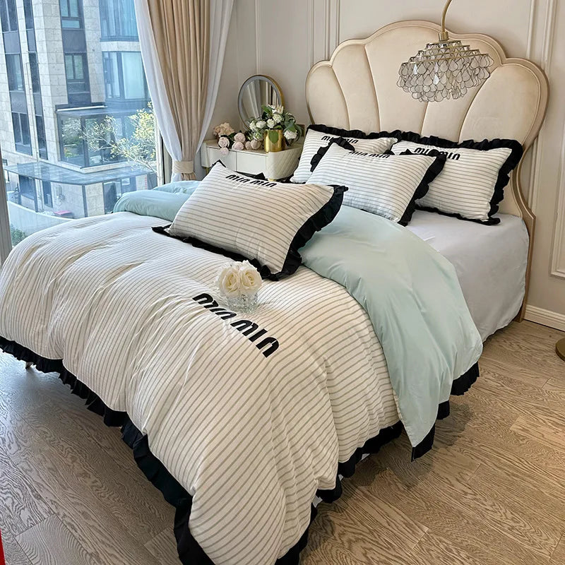 Cyflymder Ruffles Striped Bedding Bed Sheet Duvet Cover Fitted Full Bedspreads Sets AB Double-sided Skin-friendly Summer Bedroom Linens