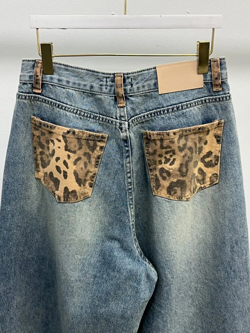 Cyflymder  Retro Splicing High Waist plus Size Slimming Leopard Print Design Casual Sle Women's Jeans Autumn New Arrival