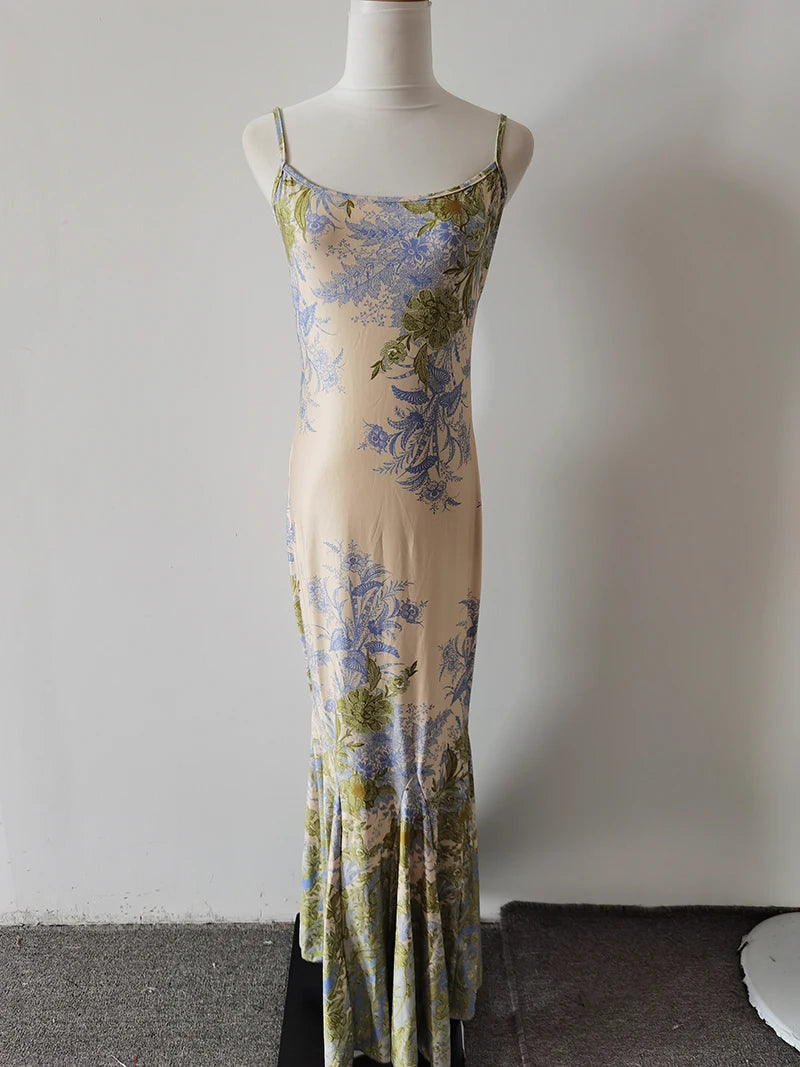 Cyflymder  Sweet Hot Girl Pure Sexy Printed Strap Dress for Women's Summer Retro Square Collar Slim Fit Mermaid Long Dress Female Clothes