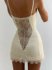 Cyflymder  Satin Fishbone Detailing Halter Dress Women French Style Sexy Slimming Belted Lace Summer Short Figure Hugging Y2K Daily