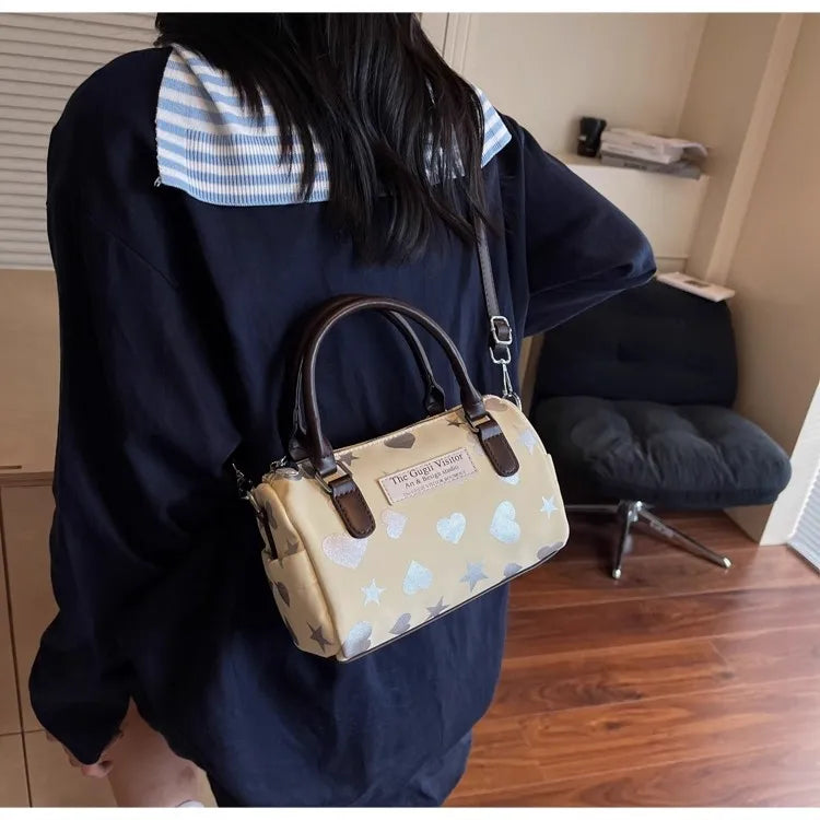 Cyflymder  Harajuku Style Heart Star Print Canvas Bag Women Sweet Cute Boston Bag Ladies Versatile Fashion Trendy Handbag Y2k Aesthetic New