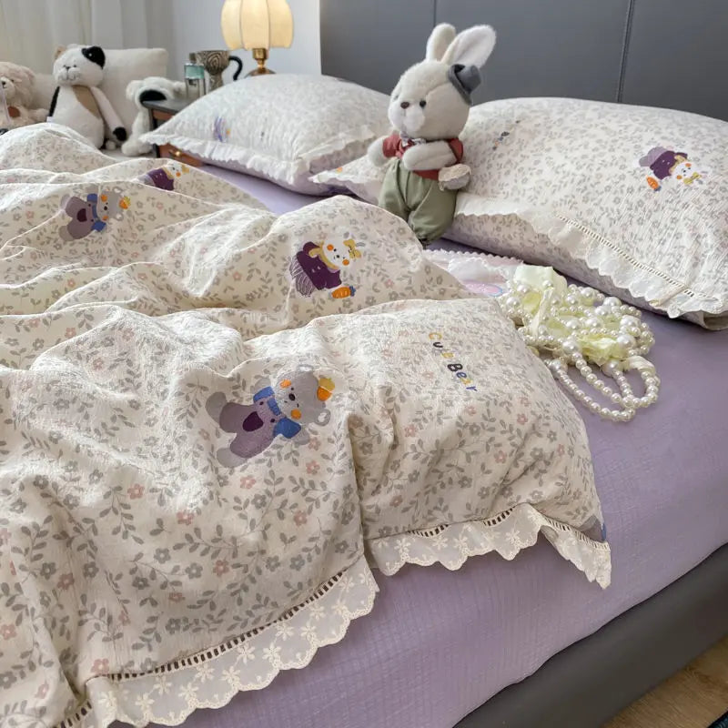 Cyflymder  INS French Lace Trim Bowknot Double Layer Gauze Quilt Cover Four-Piece Set Simple Bed Sheet Fitted Sheet Dormitory Three-Piece
