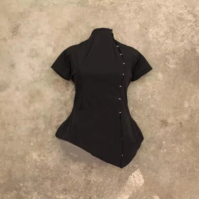 Cyflymder  New Chinese Style Lrregular Stand Collar Short Sleeve T Shirts Y2k High Street Personality Single Breasted Slim Clothes Punk Top