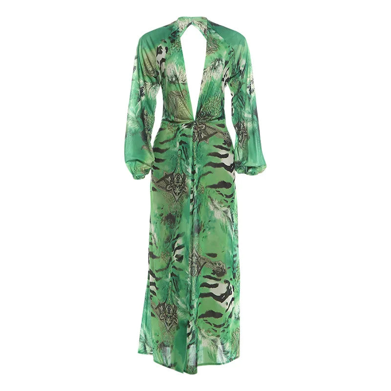 Cyflymder  Women Fashion Sexy Print Vacation Beach Maxi Dress Deep V Neck Full Sleeve Backless High Split Holiday Party Long Robe Cover Up