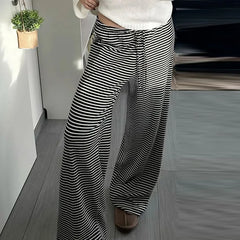 Cyflymder  Women's Striped Wide Leg Trousers Low Waist Drawstring Detail Loose Fit Y2K Casual Pants for Summer Beach and Daily Outfits