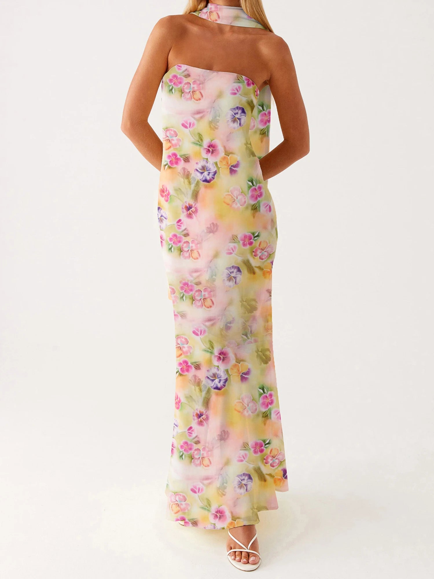 Cyflymder  Elegant Floral Print Strapless Maxi Dress with Ruffle Detail and Matching Headscarf for Women