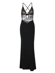 Cyflymder  Black Lace Mesh Maxi Dress for Women Sexy Metal Circle Cut Out Deep V Neck Sleeveless Criss Cross Back Bodycon Party Dress