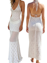 Cyflymder  Women s Crochet Knit Dress with Cutout Detailing and Halter Neckline Solid Color Swim Cover Up for Beach Vacation