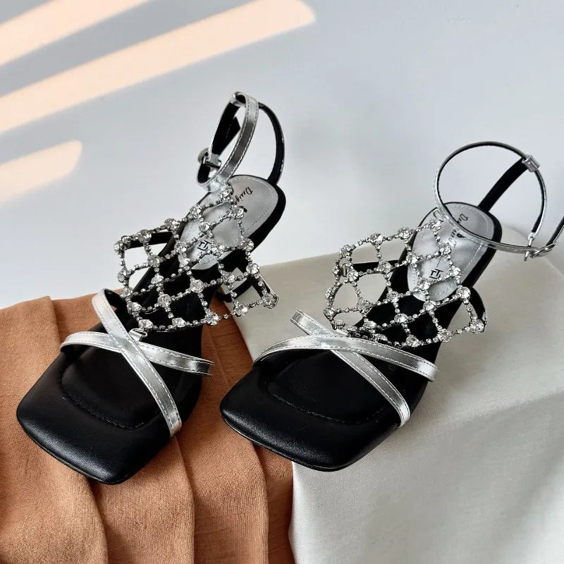 Cyflymder  Temperament High Heels Women Summer Square Toe Open Toe Rhinestone Metal Mesh Strap Alien Heel Roman Sandals，Fashion，35-40