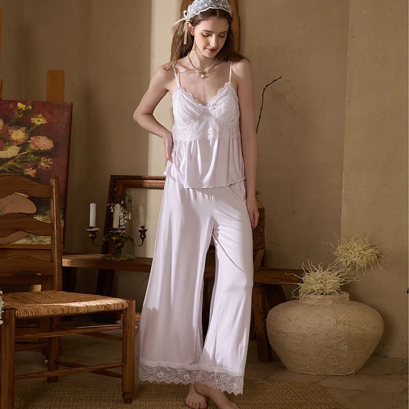 Cyflymder   French Retro Style with Chest Pad Lace Suspender Pajamas Wide-leg Pants Set Sexy Modal Girl Loungewear Summer