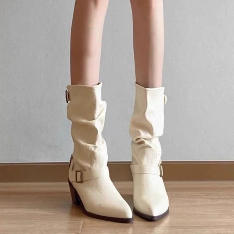 Cyflymder  Autumn Winter Vintage Thick Heel Women Western Cowboy Boots Slip On Belt Buckle Shoes Ladies Mid Calf Botas Zapatos De Mujer