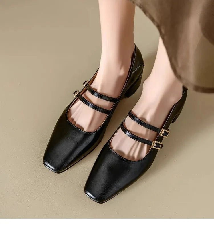 Cyflymder  Women's Mary Jane Shoes 2025 Spring Autumn New Fashion Buckle Strap Luxury Leather Shoes Comfortable Square Toe Party Sexy Pumps