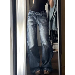 Cyflymder  Low-Waisted Wide-Leg Denim Strides for Women Raloph Classic Blue Casual Sle Summmer Faion High Street Skinny Length Trow
