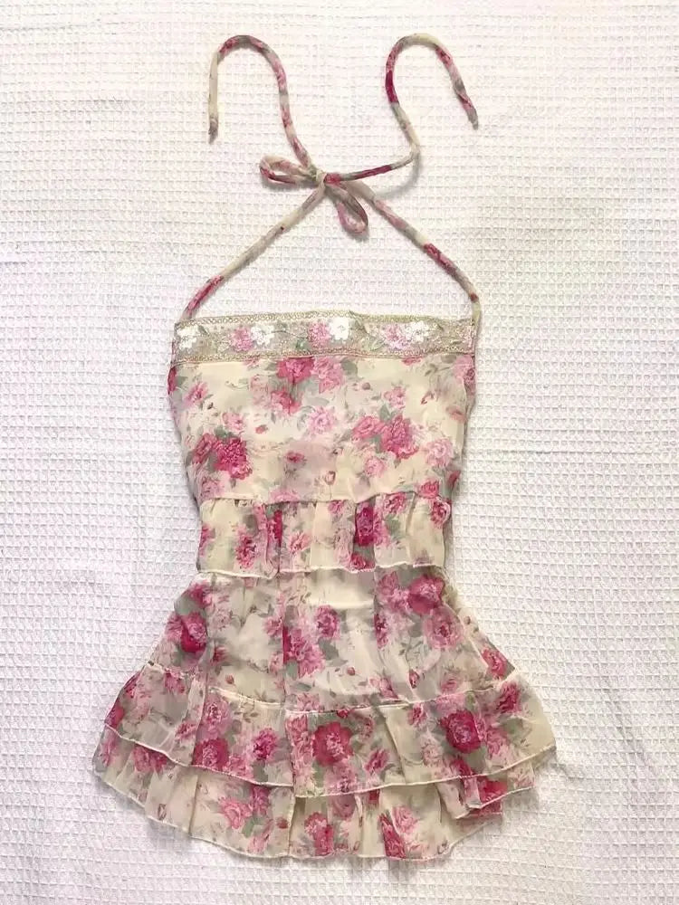 Cyflymder  Harajuku Sling Floral Print Y2k 90s Slim Backless Woman Clothes Crop Top Sexy Sweet Hot Girl Vintage Summer Grunge Emo Tees Chic