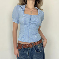 Cyflymder  Women's Summer Stripe Print Shirt Short Sleeve Lapel Button Down Slim Fit Tops Streetwear