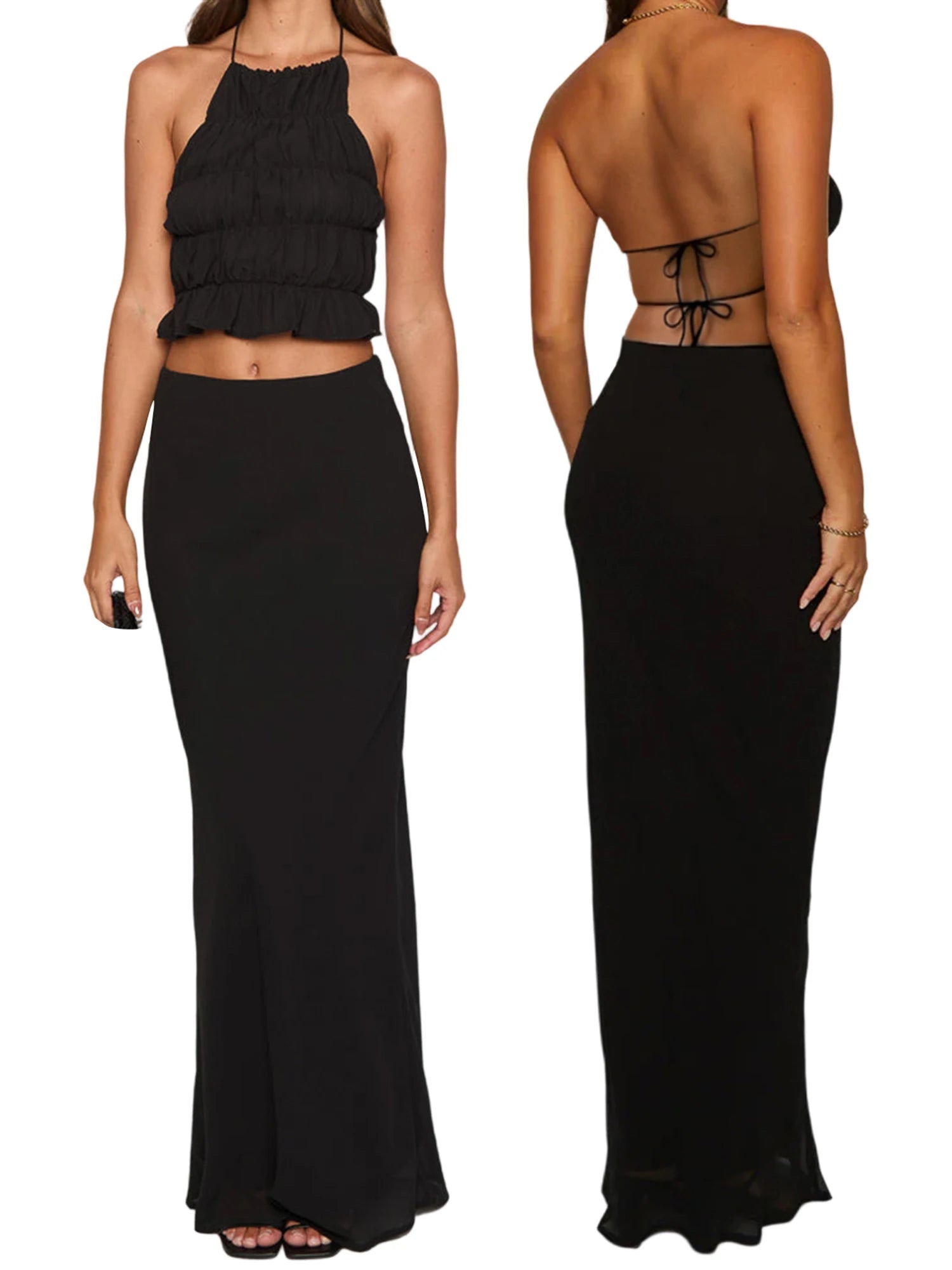 Cyflymder  Elegant Two Piece Skirt Sets for Women Stylish Smocked Halter Neck Crop Top with  Fit Long Skirt Ensemble in Solid Color