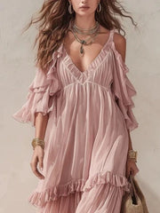 Cyflymder  Women's Ruffled Tiered Maxi Dress V-Neck Off-shoulder Flutter Flowy Chiffon Gown Elegant Chic Boho Sexy High Waist Summer Dress