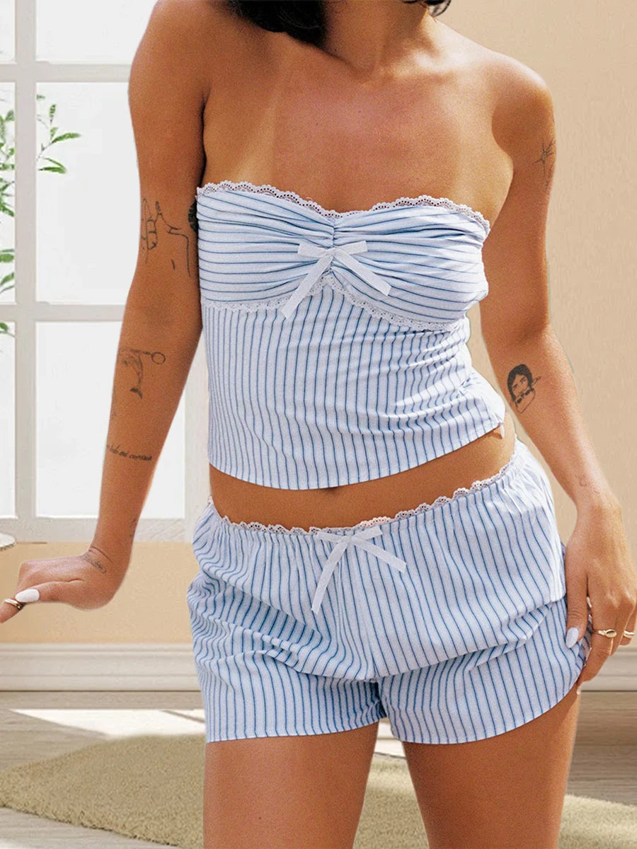 Cyflymder  Women s Casual Tie Dye Lounge Set Sleeveless Off Shoulder Crop Tops and Shorts Pajama Sleepwear Sets for Summer