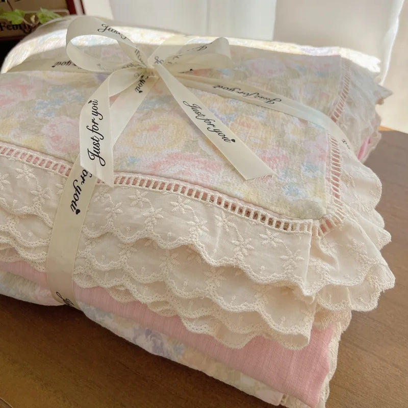 Cyflymder  New A-Class Hollow Lace Bedding Set Fitted Sheet Quilt Cover Pillowcase for Spring Summer Korean Skin Friendly Cozy Bedclothes
