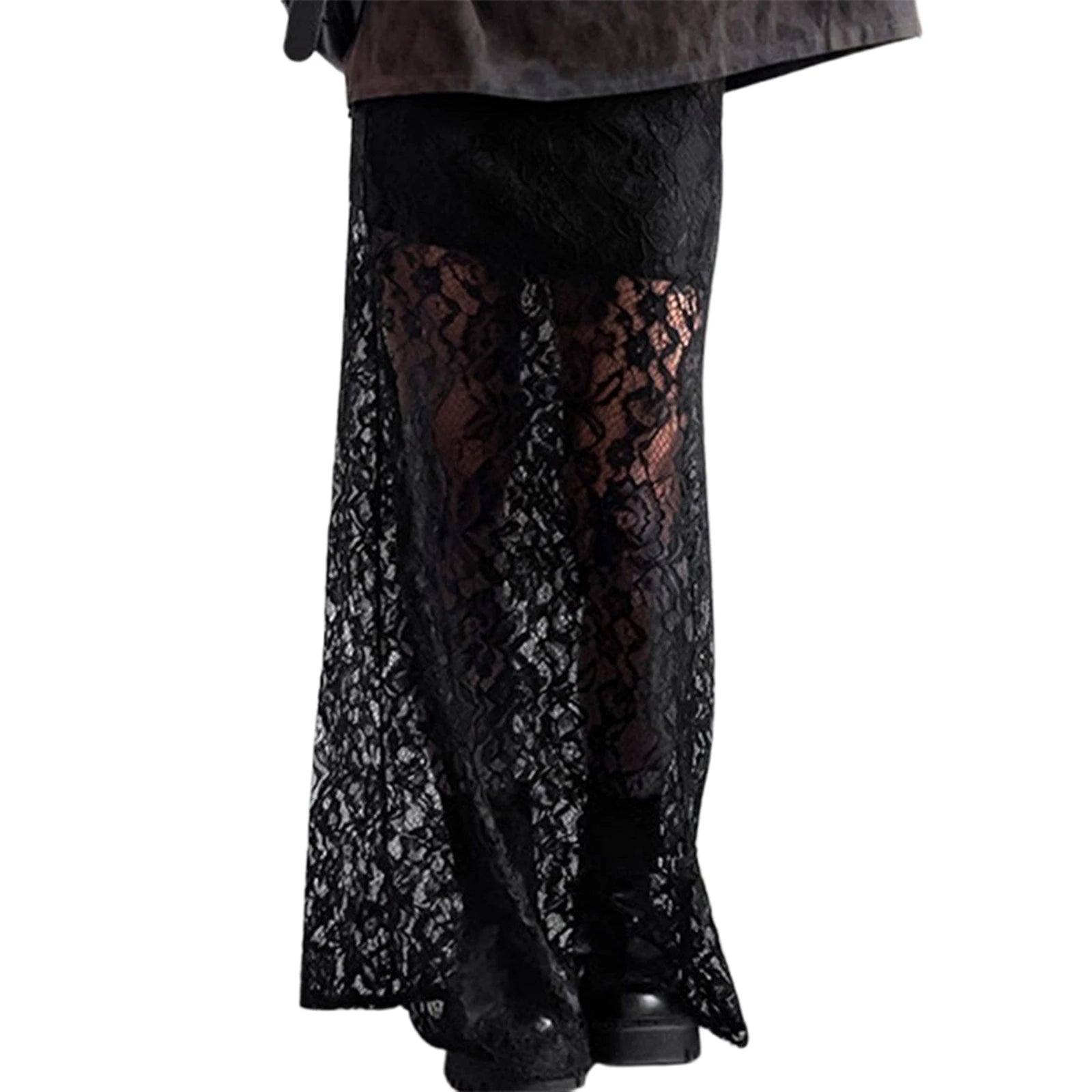 Cyflymder  Women's Summer Lace Long Skirts Elegant Low Waist Solid Color See-Through Midi Skirts Slim Fit Skirts