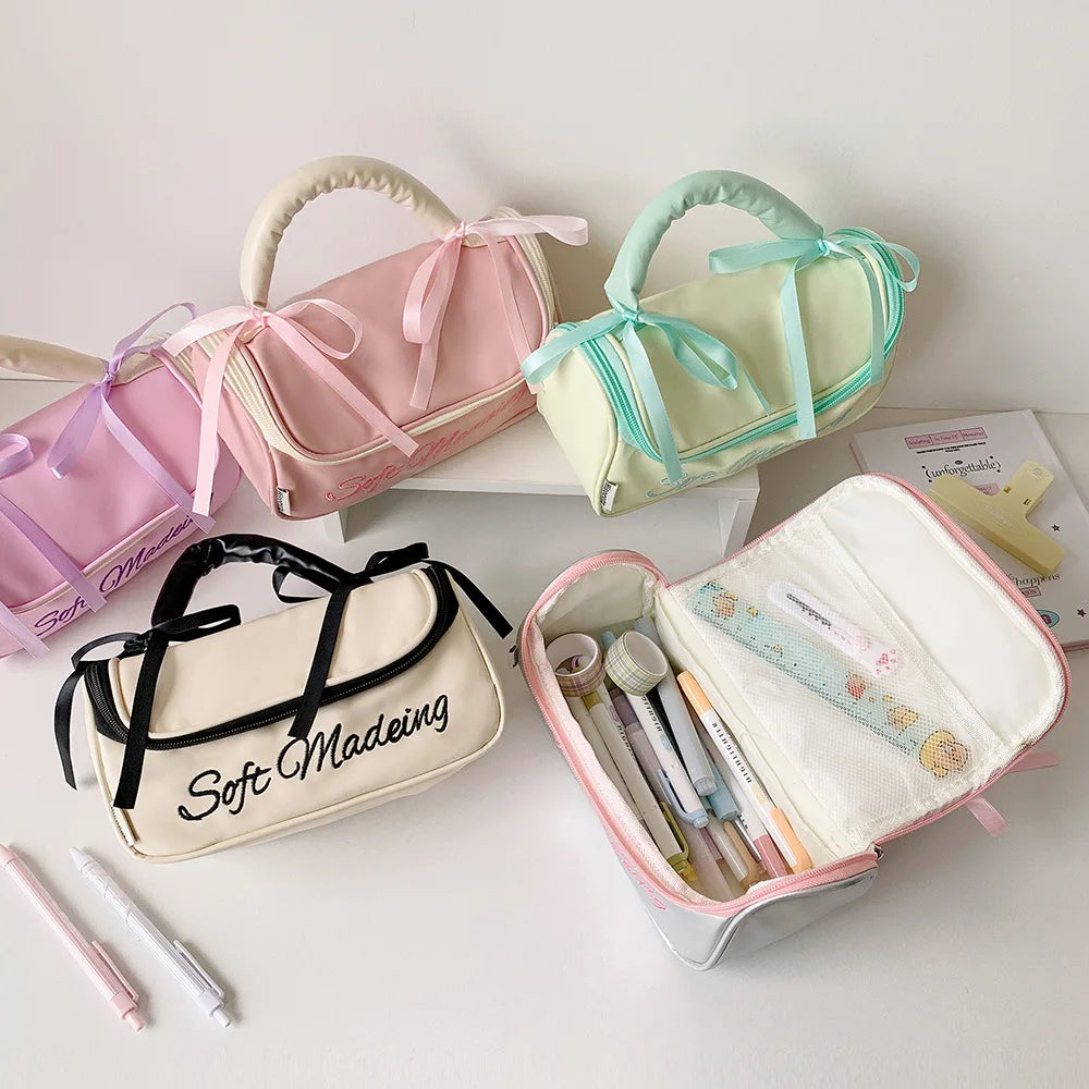 Cyflymder  Korean Fashion Casual Large Capacity Pencil Case PU Portable INS Solid Color Washing Make Up Statonery Bag Student Supplies