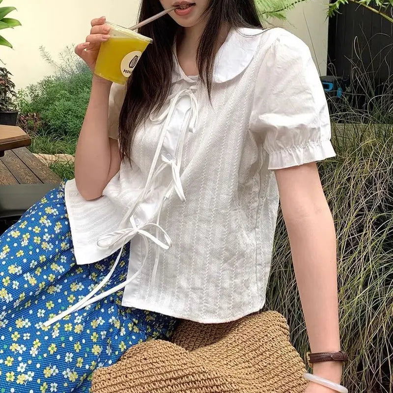 Cyflymder  Female Clothing Fashion Peter Pan Collar Shirts French Style Drawstring Bow Summer Solid Color Basic Short Sleeve Aura Blouse