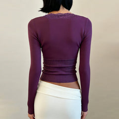 Cyflymder  Purple Elegant Lace Patchwork V-Neck Slim Knit Top Women Casual Long Sleeves Tees Fashion Sexy Clothing Spring Outfits