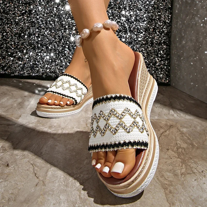 Cyflymder  Bohemian Striped Braided Wedge Sandals Women Summer Thick Sole Outdoor Beach Slides Woman Plus Size Fashion Platform Slippers