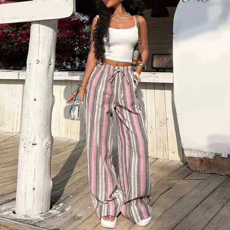 Cyflymder  Women Striped Drawstring Pants Wide Leg Full Length Beach Casual Colorful Linen Trousers Summer Fashion Lady Daily Wear