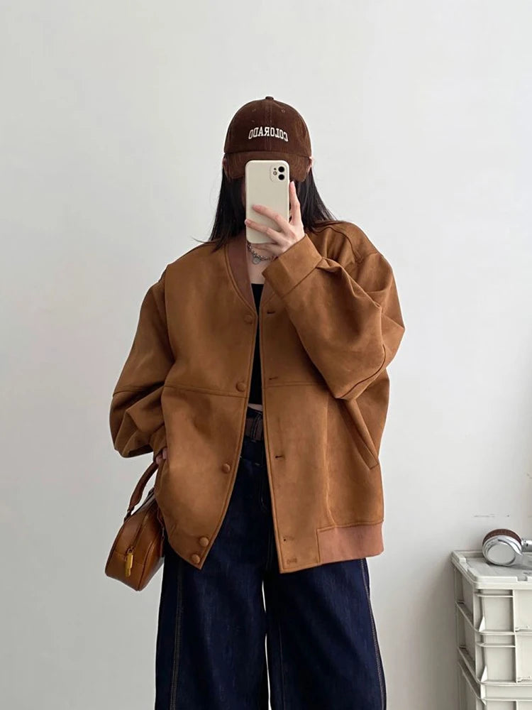 Cyflymder  American Y2K Jackets Women Streetwear Loose Faux Suede Coat Vintage Long Sleeve Harajuku Bf Oversize Hip Hop Outwear New