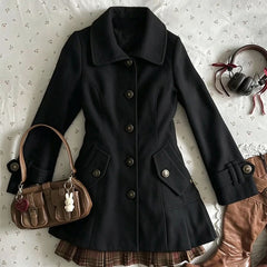 Cyflymder  Women Sweet Girls Autumn Winter Coat Vintage Single Breasted Lapel Jacket Y2K Cute Preppy Style Jacket Cute Mood Girl Aesthetic