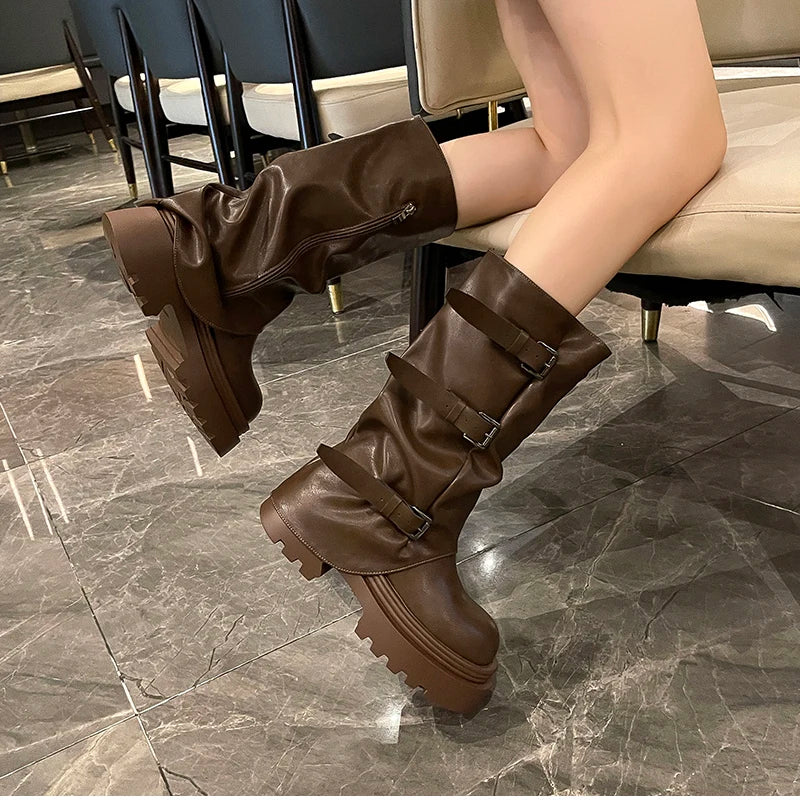 Cyflymder  Designer Thick Heel Women Western Cowboy Boots Fashion Ladies Belt Buckle Knight Booties botas de inverno feminina