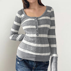Cyflymder   Women V‑Neck Striped Cable Knit Top Long Sleeve Henley Half Button Slim Fit Twist Knitted Casual Pullover Sweater