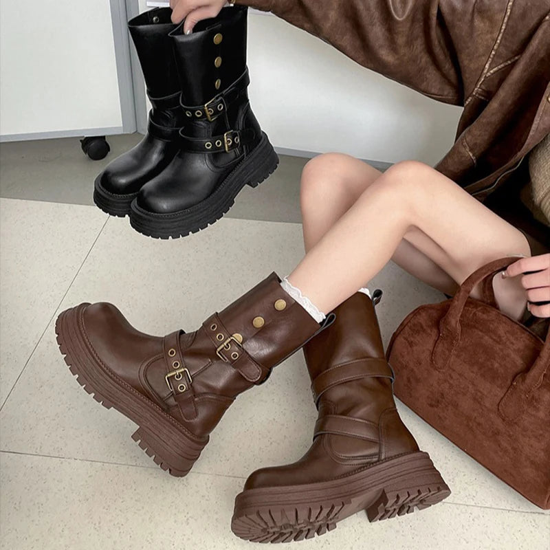 Cyflymder  Vintage Height Increase  Women Knight Boots Square Heels Goth Mid Calf Booties Buckle Strap Casual Shoes