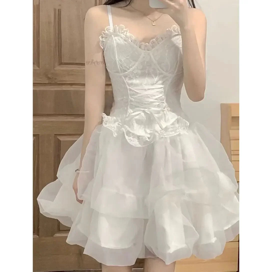 Cyflymder  Sexy Streetwear Patchwork Lace Popular Girl Tank Tops Tiered Ball Skirts Y2k Aesthetic Birthday Party Princesses 2 Piece Sets