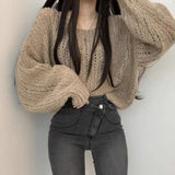 Cyflymder Autumn Women Hollow Out Solid Sweater Lantern Sleeve O-Neck Knitted Pullovers For Women Winter Casual Loose Sweater