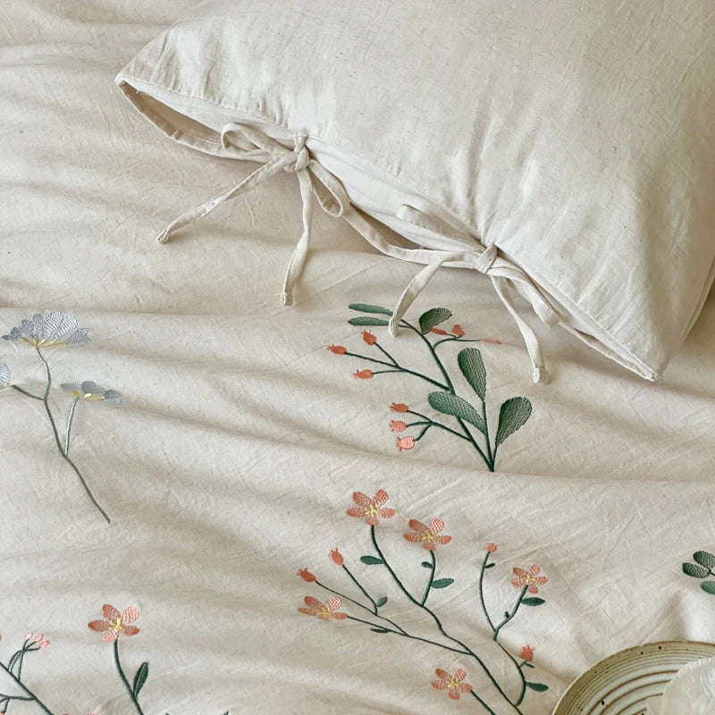 Cyflymder  Linen Cotton Jacquard Flowers Embroidery Bedding Set Queen King Size Duvet Cover Set Flat/Fitted Bed Sheet Pillowcases 4Pcs