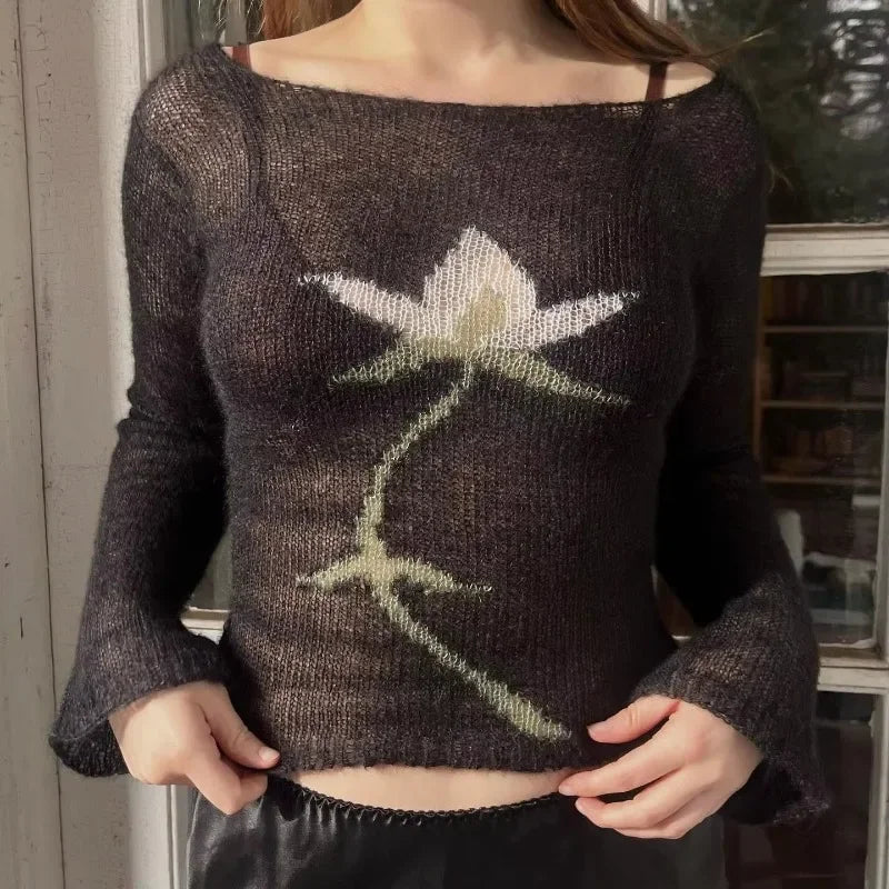 Cyflymder  Y2k American Harajuku Streetwear Flower Print Design O Neck Long Sleeve Pullovers Vintage Gothic French Thin Knitted Jumpers