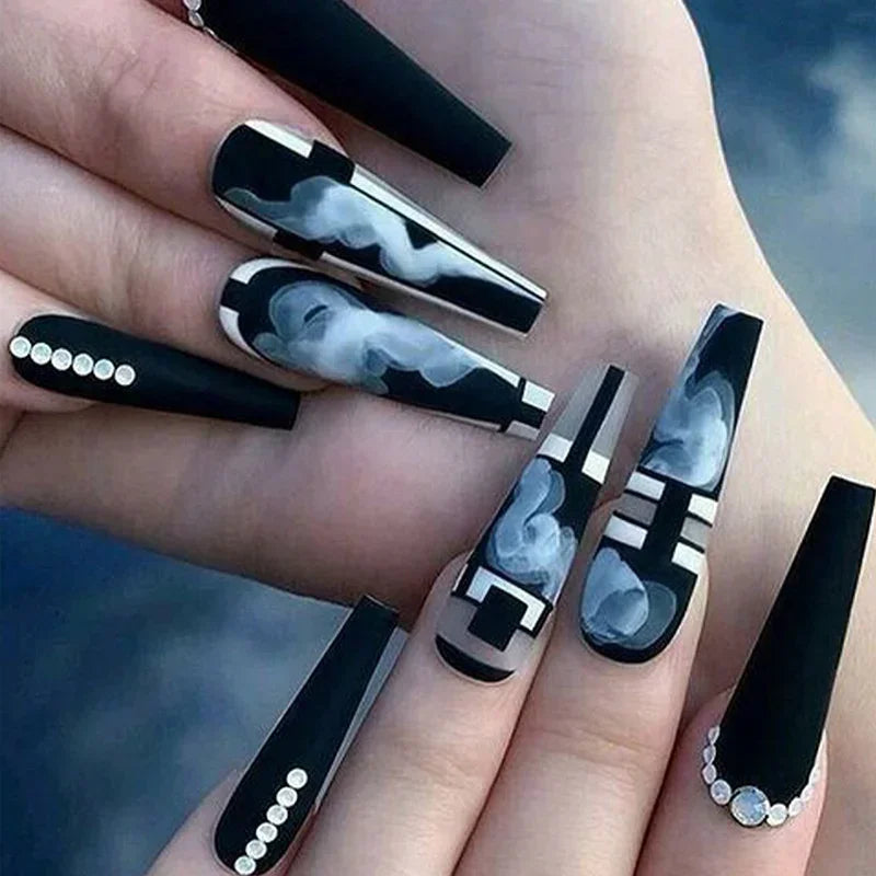 Cyflymder  24pcs/box False Nails With Design French White Black Full Cover ABS Press On Fake Nails Sets With Glue Long Artifical Nails