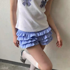 Cyflymder  Designer Ruffles Blue Plaid Shorts Women Summer Designer Low Rise Bloomers Micro Cute Shorts Fashion Y2K Bottoms
