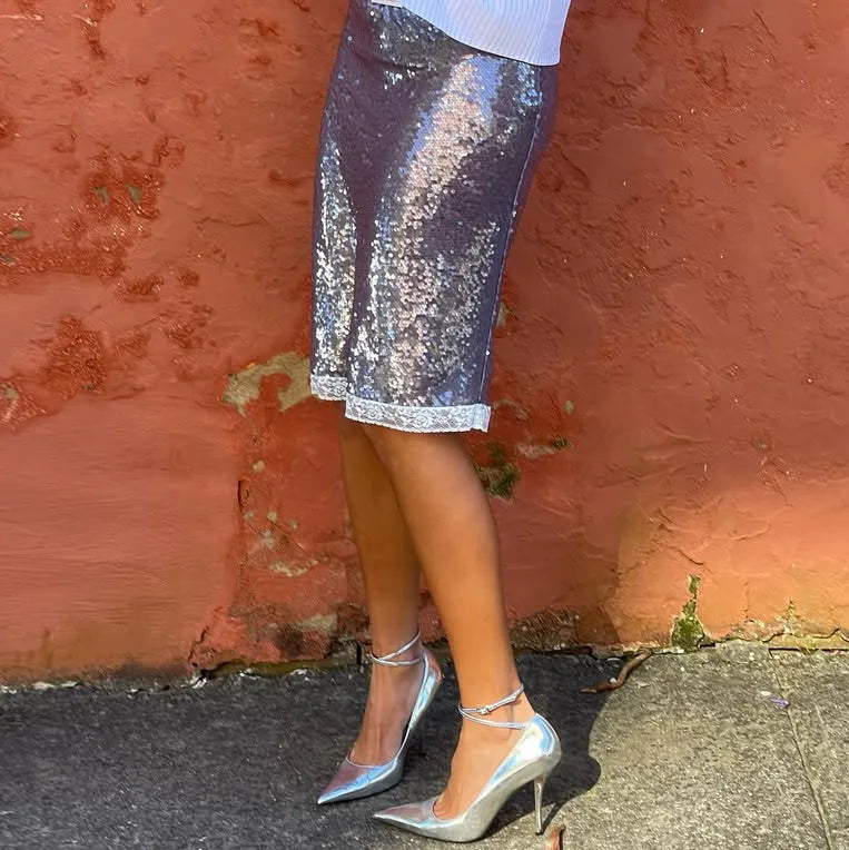 Cyflymder  Pink Glitter Skirts Women Fashion Sexy Sequins See Through Slim Skirts 2025 new summer Vintage Y2k Hot Girls Party Club Skirts