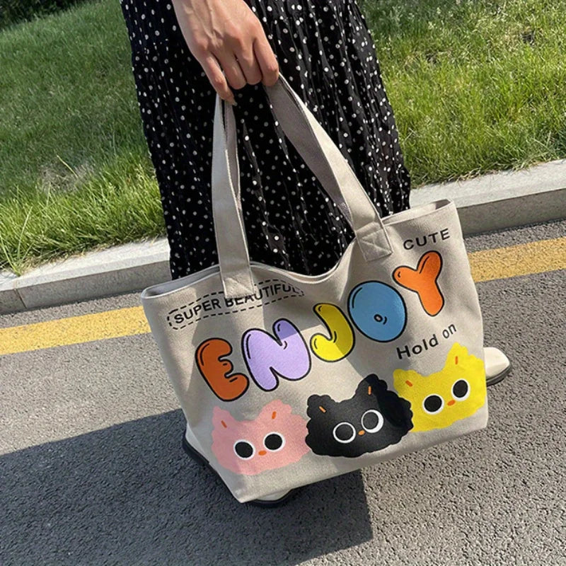 Cyflymder  Letter Printed Tote Bag, Cute Cartoon Canvas Handbag Shoulder Bag, Large Capacity Shopping Bag, Campus Computer School Book Bag