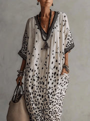 Cyflymder  Summer Half Sleeve Chic Party Dress Women Holiday Casual V Neck Simple Maxi Dress Leopard Printing Pocket Loose Ladies Dress