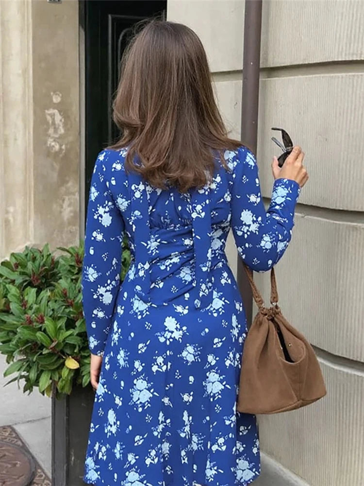 Cyflymder  Street Floral Print Maxi Dress Women v-Neck Ribbon Long Sleeve Folds Elegant Daily Autumn Trend Chic Prom Party Vestidos