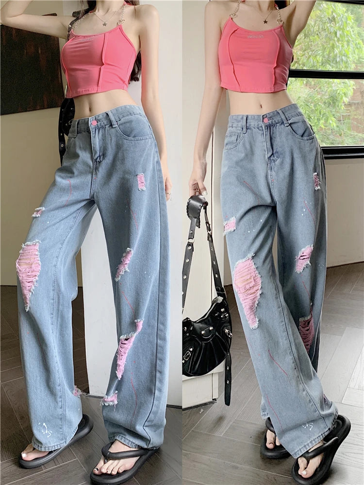Cyflymder  Hot Girl Torn Jeans Women's Summer High Waisted Pink Ripped Loose Draped Demin Wide Leg Pants Fashion Casual Female Clothes