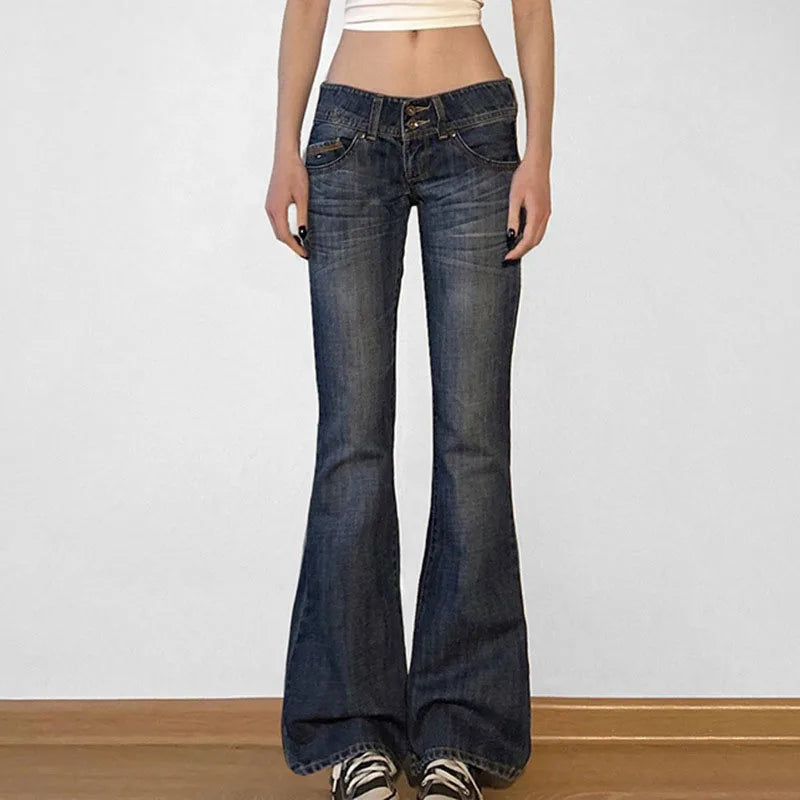 Cyflymder  American Retro Low Waisted Washed Jeans Women Streetwear Y2K Slim Fit Flared Pants Mujer Fashion Button Pockets Denim Trousers