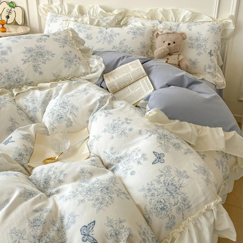 Cyflymder  Floral Print Korean Style Princess Lace Ruffles 100% Cotton Bedding Set Duvet Cover Bed Sheet/Fitted Sheet Pillowcases 3/4Pcs