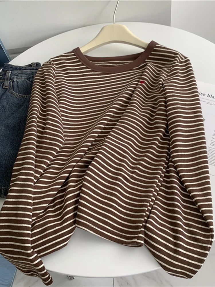 Cyflymder  Love Embroidery Striped Sweatshirt Women Casual O Neck Cute Pullovers Korean Fashion Loose Long Sleeve Sweet Elegant Tops