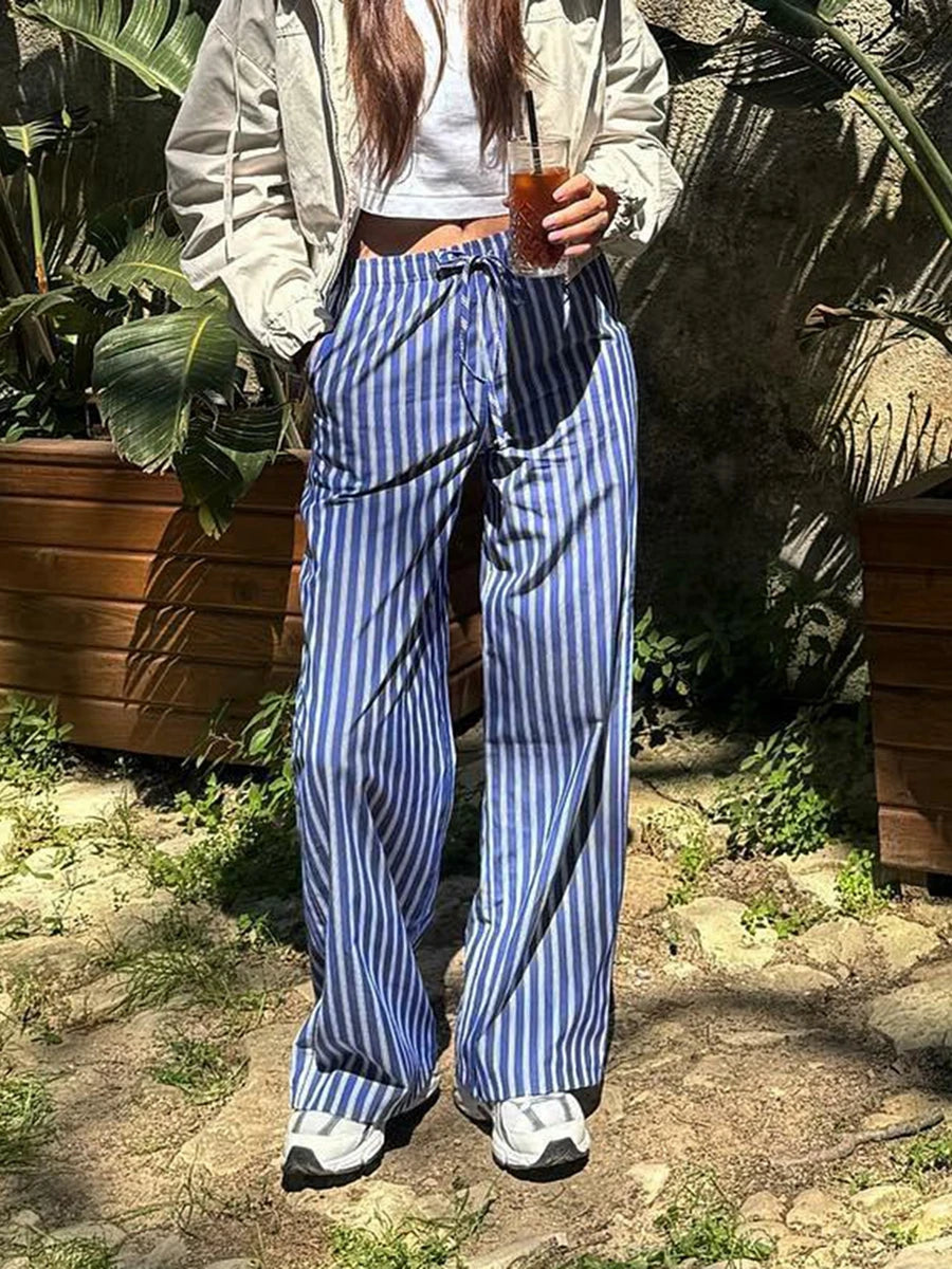 Cyflymder  Summer Women Oversize Casual  Striped Print Long Pants Drawstring Elastic Waist Loose Straight Pants with Pockets Streetwear