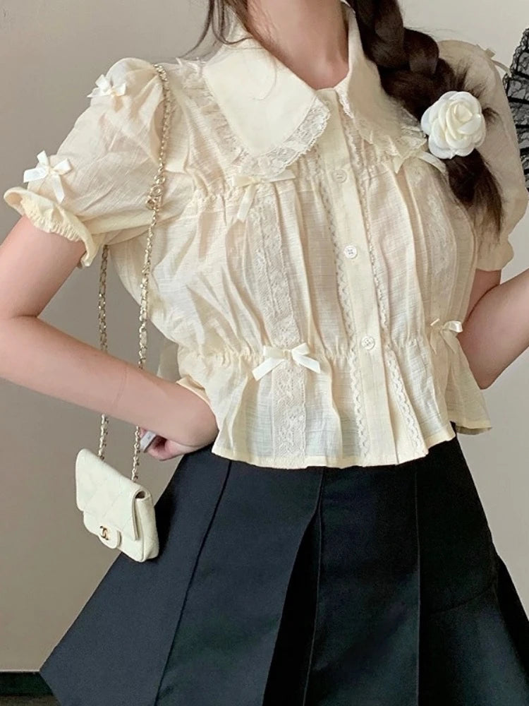 Cyflymder Sweet Blouses Women Lolita Style Kawaii Bow Puff Short Sleeve Crop Tops Girls French Lace Peter Pan Collar Shirt Summer Clothes